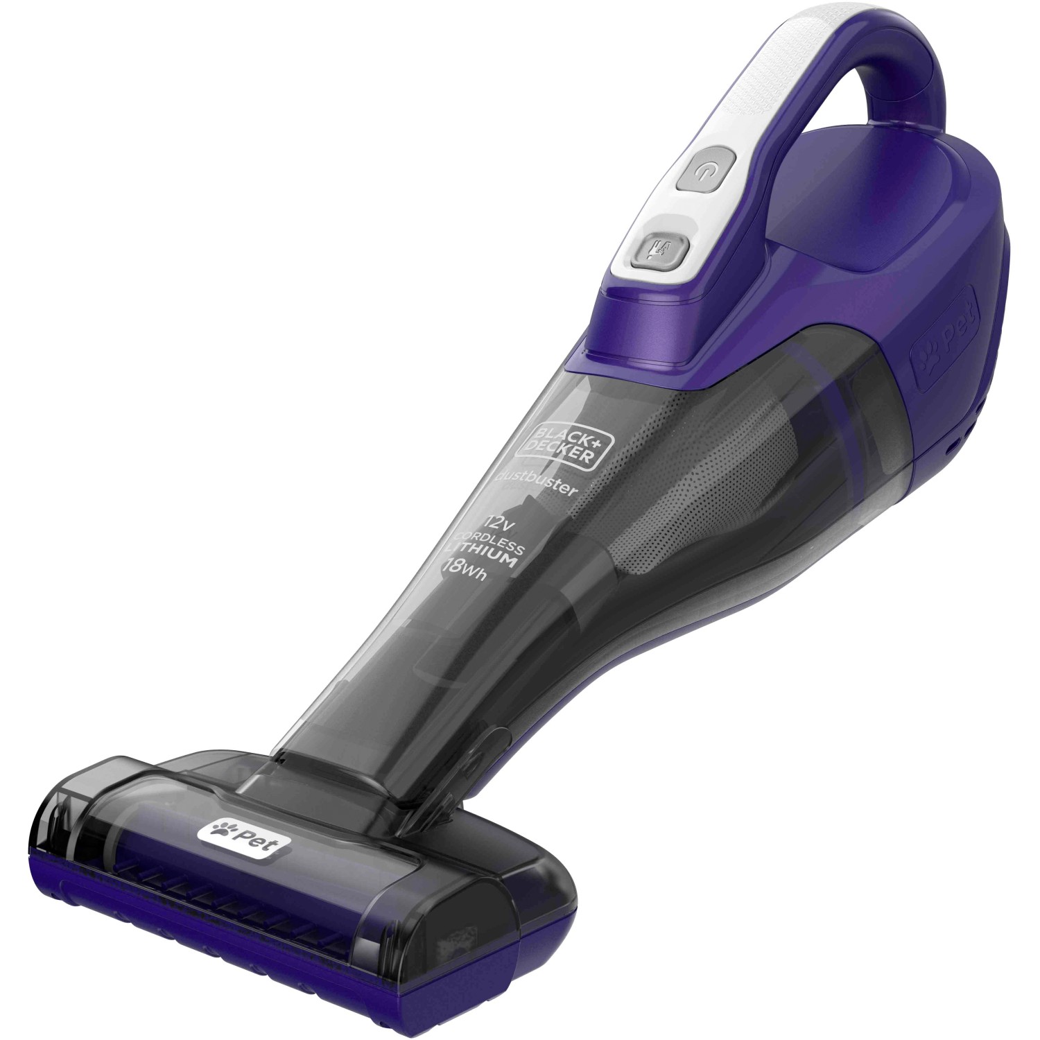 Black+Decker Akku-Handstaubsauger Pet DVB315JP mit Tierhaarbürste in Lila und Grau.