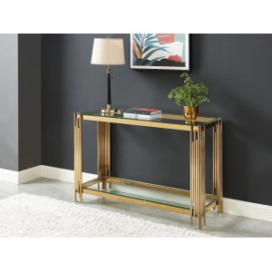 Goldfarbener Nomelano Konsolentisch mit Glasplatten, Art Déco Design und vertikalen Streben, 123.5 cm breit.