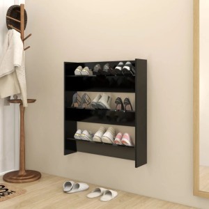 Schwarzer Wand-Schuhschrank (80x18x90 cm) aus Holzwerkstoff mit mehreren Schuhen.