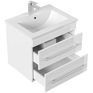 Posseik Badmöbel Apollo, weiß hochglanz, mit Waschbecken und zwei offenen Schubladen.