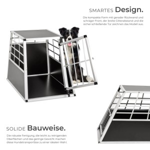 Tectake Hundetransportbox aus Aluminium, mit Hund. Robuste, schwarze Box mit Gittertür.