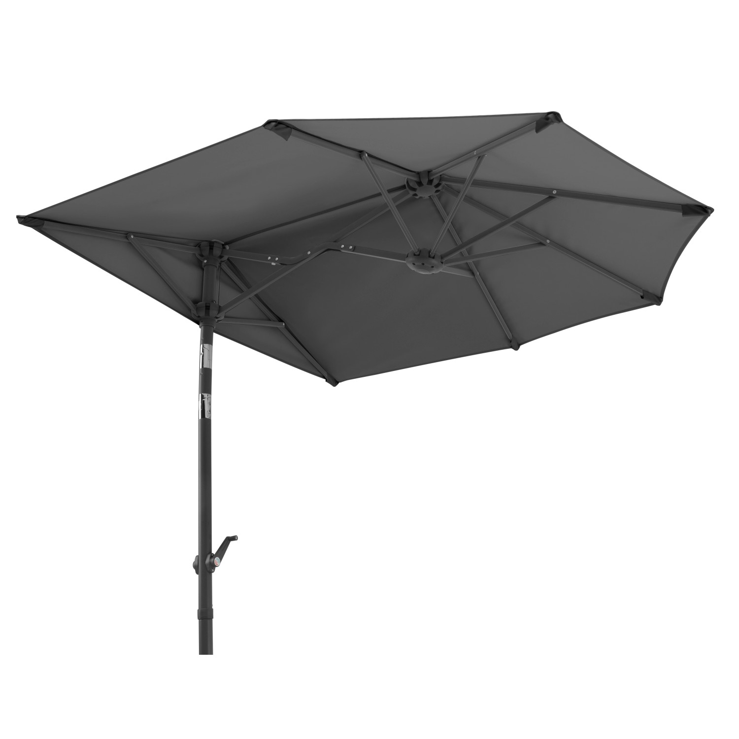 Anthrazitfarbener Schneider Balkonschirm, 150x150 cm, mit Knickfunktion und Stahlgestell.