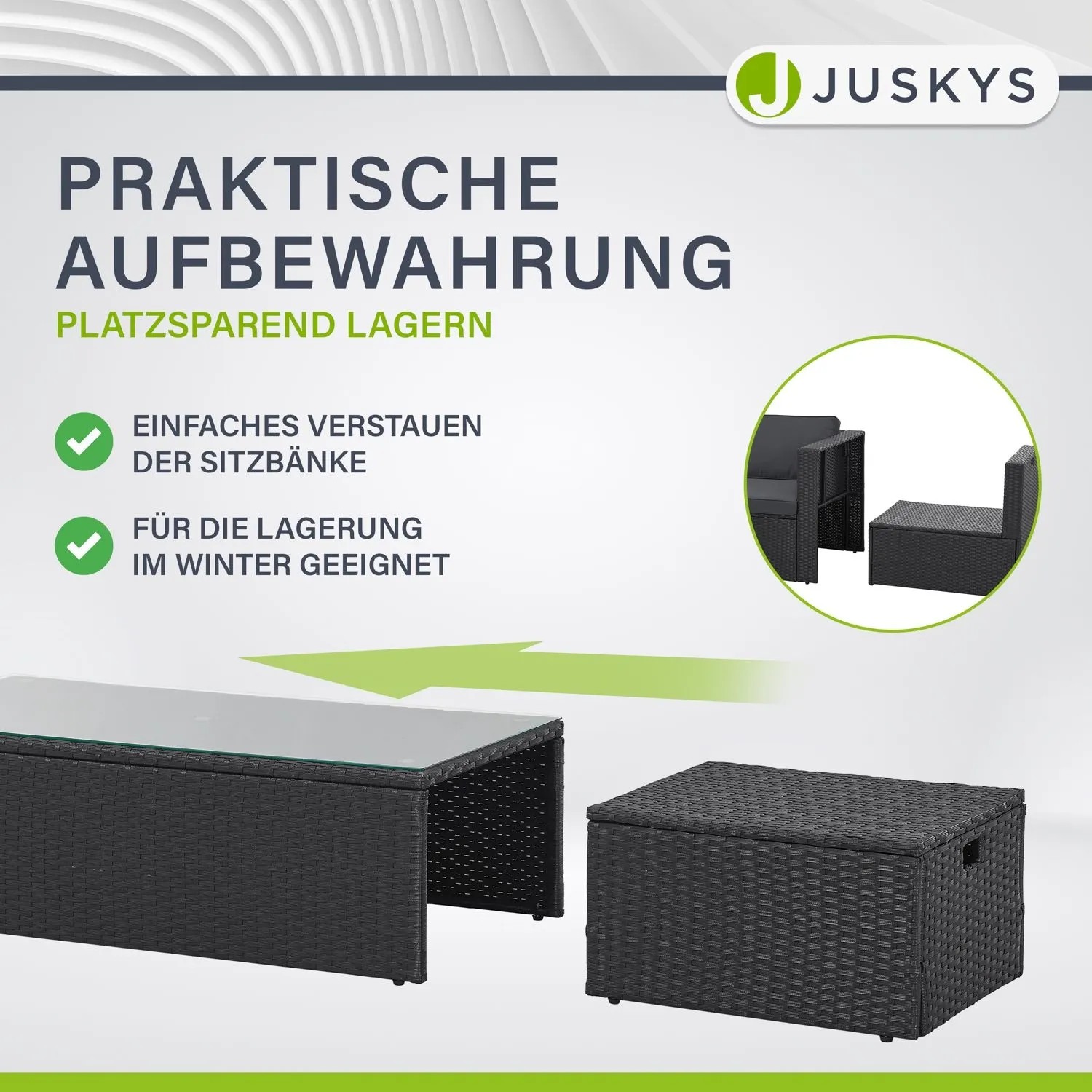 Platzsparende Juskys Polyrattan Lounge Salou in Schwarz/Grau, zusammengeschoben für Lagerung.