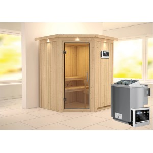 Karibu Sauna Lyra mit Bio-Ofen, externer Steuerung, Glastür und LED-Dachkranz.