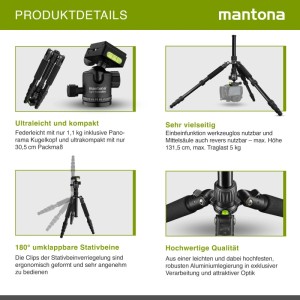 Mantona Light Traveller Reisestativ Schwarz Bis 5Kg Kamerastativ Alu Kugelkopf