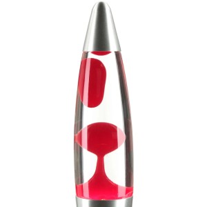 Rote Retro Lavalampe 36 cm mit silbernem Fuß und Kappe, rotes Wachs in klarer Flüssigkeit. Ideal als Tischlampe.