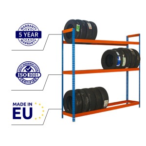 Blau-oranges Reifenregal Big Metal Shark mit 3 Ebenen und Reifen. Ideal für Werkstatt und Garage.