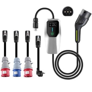 Junsun Ev Ladegerät mit 4 Adaptern und 5 Meter Typ 2 Kabel für schnelles Laden von E-Autos.