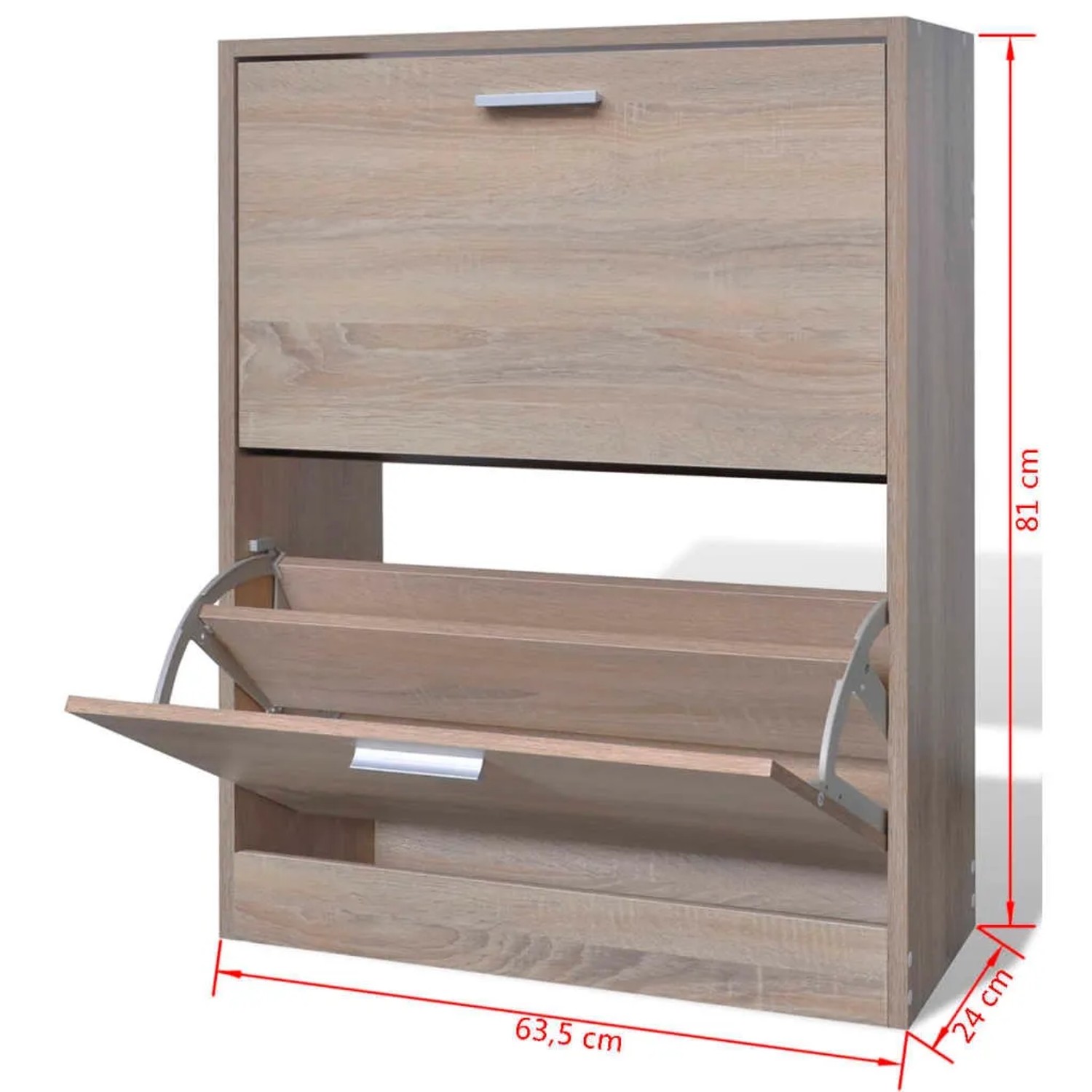 vidaXL Schuhschrank in Eichenoptik mit zwei Schuhkippern. Schuhklappe offen.