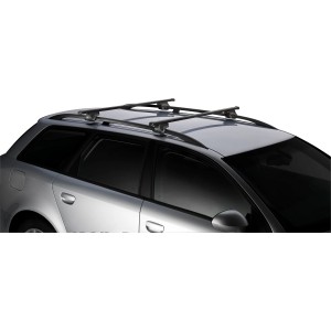 Thule Smartrack Relingträger 127cm auf einem Auto montiert. Dachträger für Fahrzeuge mit Dachreling.