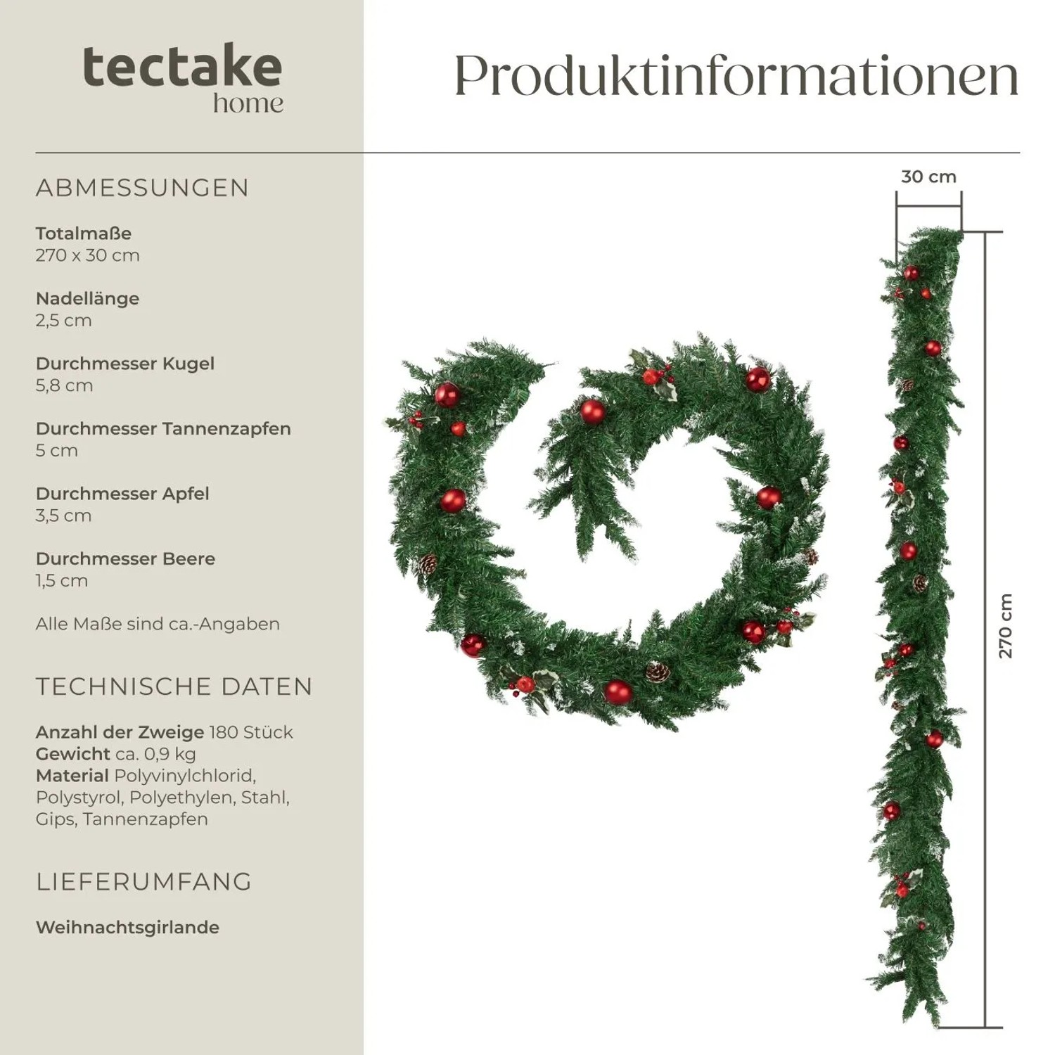 Tectake Weihnachtsgirlande, 270cm, mit Kugeln, Zapfen und Beeren in Rot und Grün.