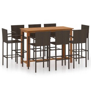 vidaXL 9-tlg. Gartenbar-Set braun: Akazienholztisch mit 8 Rattan Barhockern für Garten, Balkon oder Terrasse.