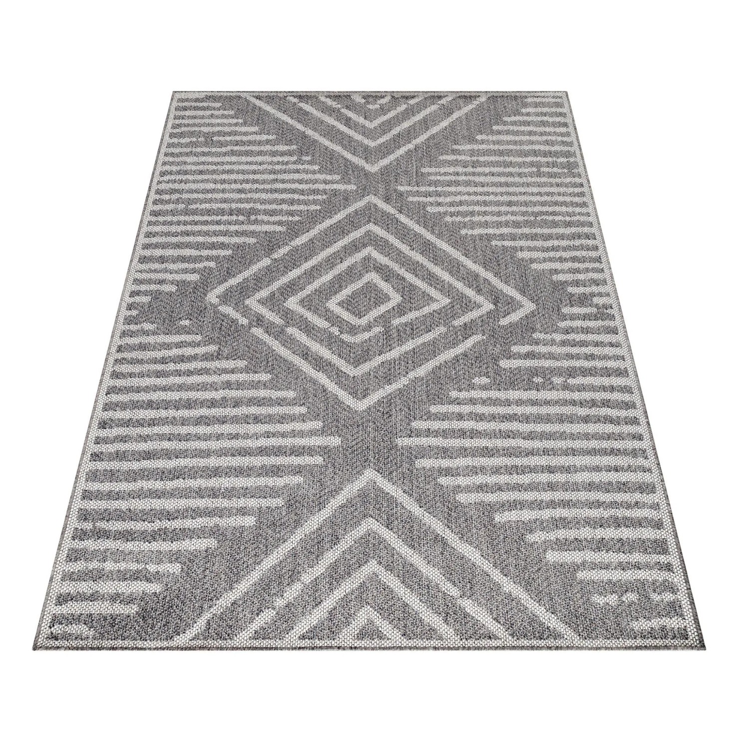 Grauer Ayyildiz Outdoor-Teppich Aruba mit geometrischem Muster, 240x340 cm. Wetterfester Teppich für Balkon und Terrasse.