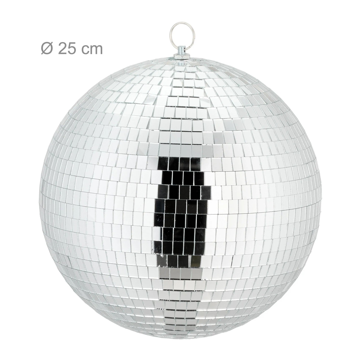 Silberne Discokugel mit vielen Glasfacetten, aufhängbar, Ø 25 cm. Ideal für Party-Deko und Lichteffekte.