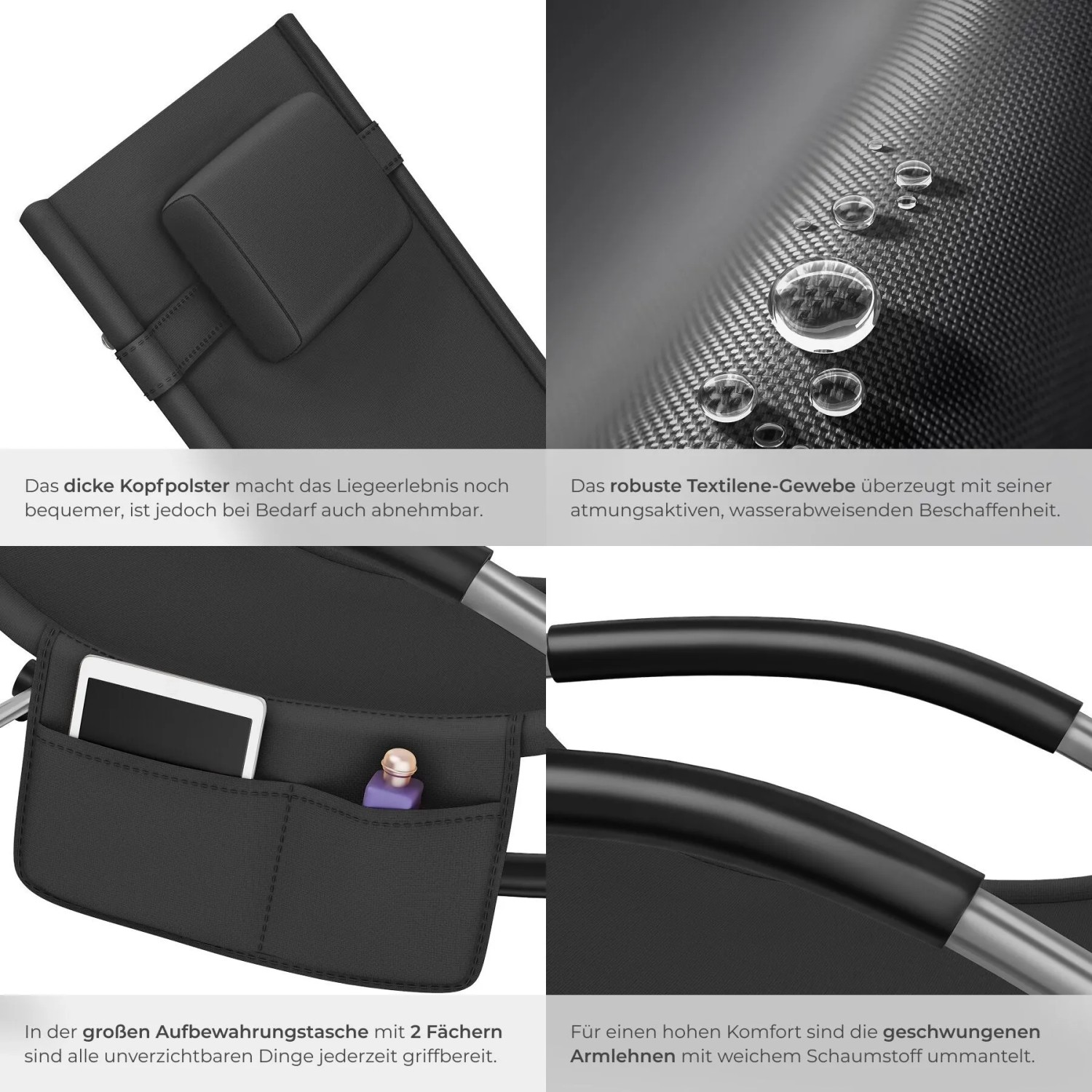 Tectake Gartenliege Taya Ergonomisch Mit Komfort Schwingbewegung Geschwungene Armlehnen Mit Schaumstoffpolsterung Pro Stück 142 x 62 x 92 cm Schwarz_5