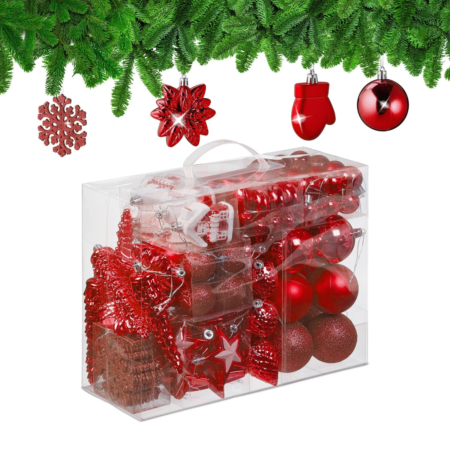 Relaxdays Weihnachtskugeln Polystyrol Rot 100er Set mit Aufbewahrungsbox