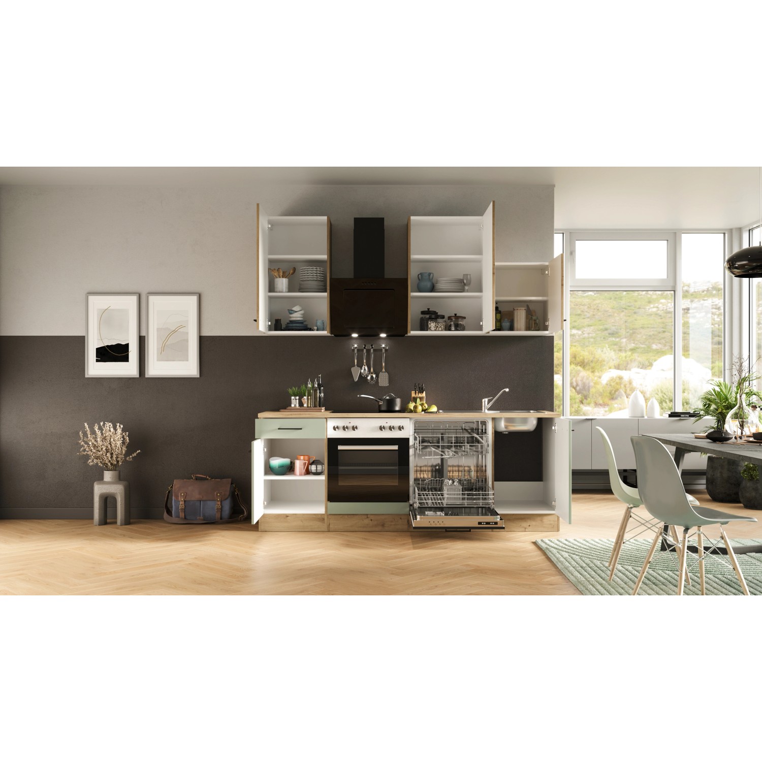 Flex-Well Küche Cara in Schilfgrün/Artisan Eiche mit E-Geräten und Spüle, 220 cm breit.