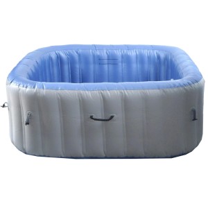 Grau-blauer, eckiger Aufblas-Whirlpool für 5 Personen. Robuste PVC-Konstruktion mit Griffen. Ersatz-Pool.