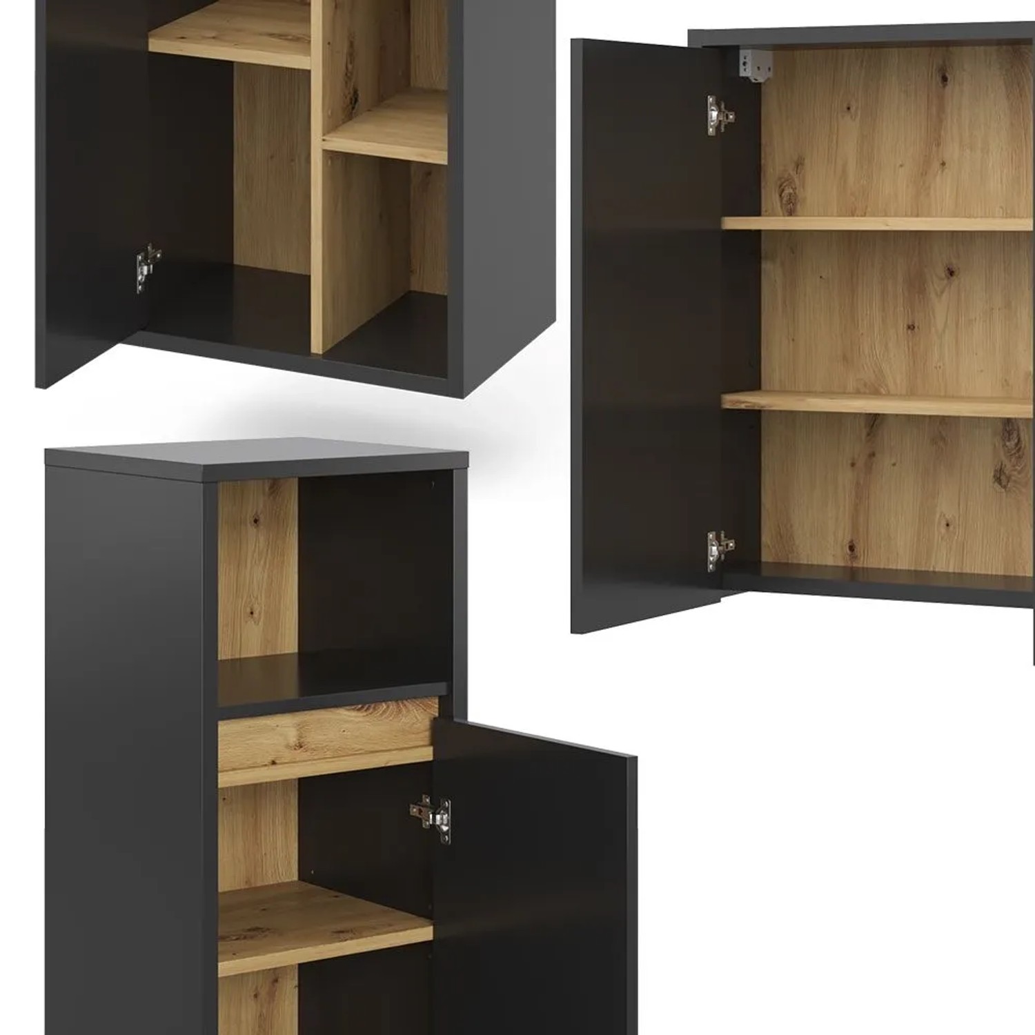 Vicco Badmöbel-Set Viola, 4-teilig, Anthrazit/Eiche Optik, mit Spiegelschrank, Ober-, Unter- und Midischrank.