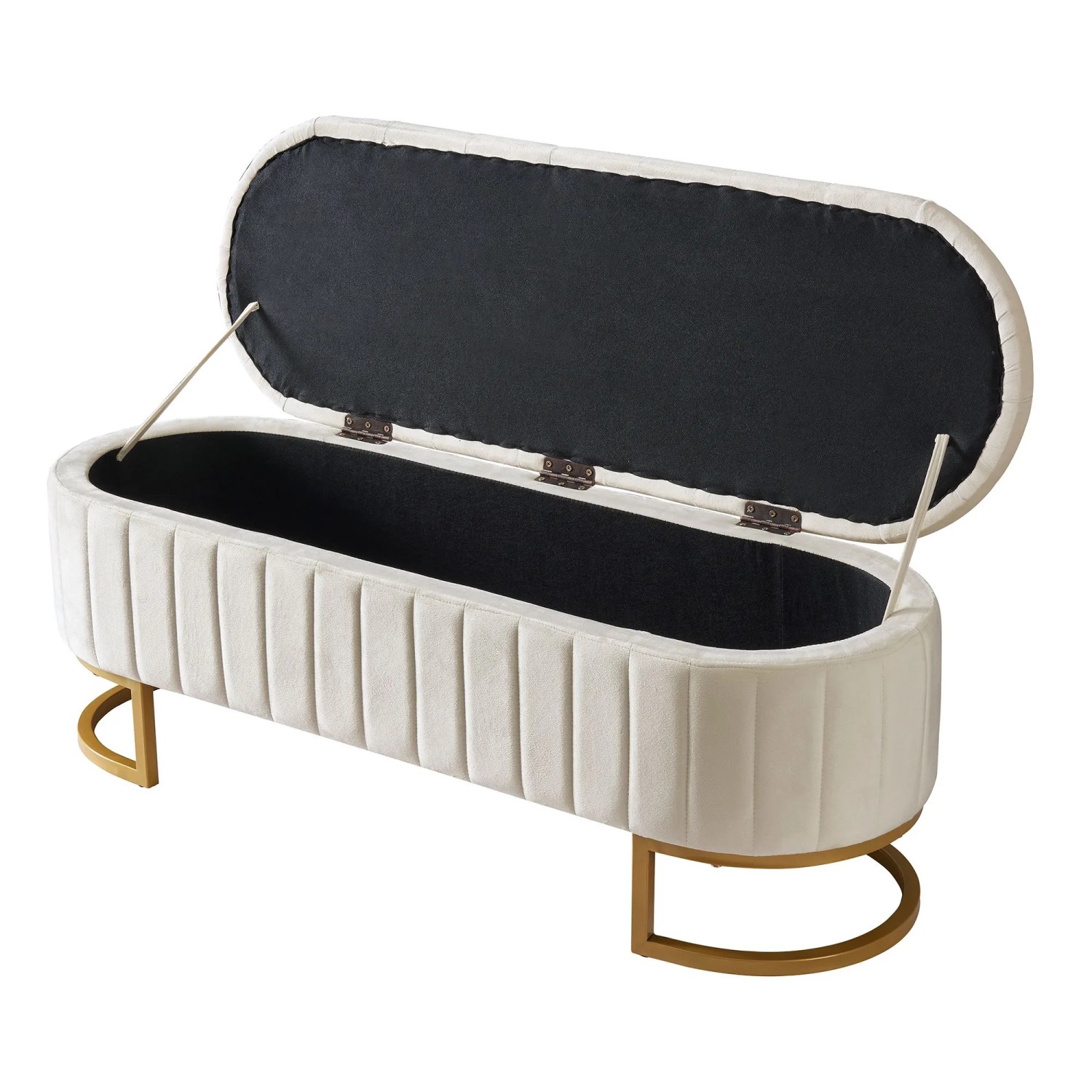 Beige Samt Sitzbank mit offenem Stauraum, goldene Metallbeine. Elegante Polsterbank 120x40cm für Wohnzimmer.
