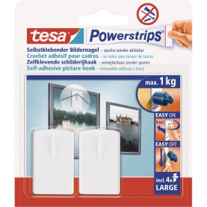 Tesa Powerstrips Bildernägel, 2 Stück, weiß, zum Aufhängen von Bildern bis 1 kg.