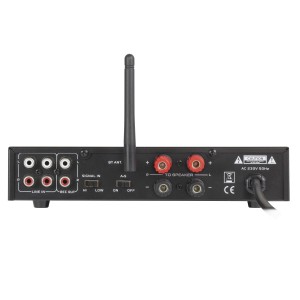 Rückansicht Dynavox ESA-18 MK BT Verstärker in Silber mit Anschlüssen für Audio und Bluetooth Antenne.
