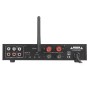 Rückansicht Dynavox ESA-18 MK BT Verstärker in Silber mit Anschlüssen für Audio und Bluetooth Antenne.