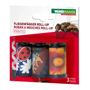 Windhager Fliegenfalle Roll-Up, 3er-Pack, mit bunten Mustern zur Insektenbekämpfung.