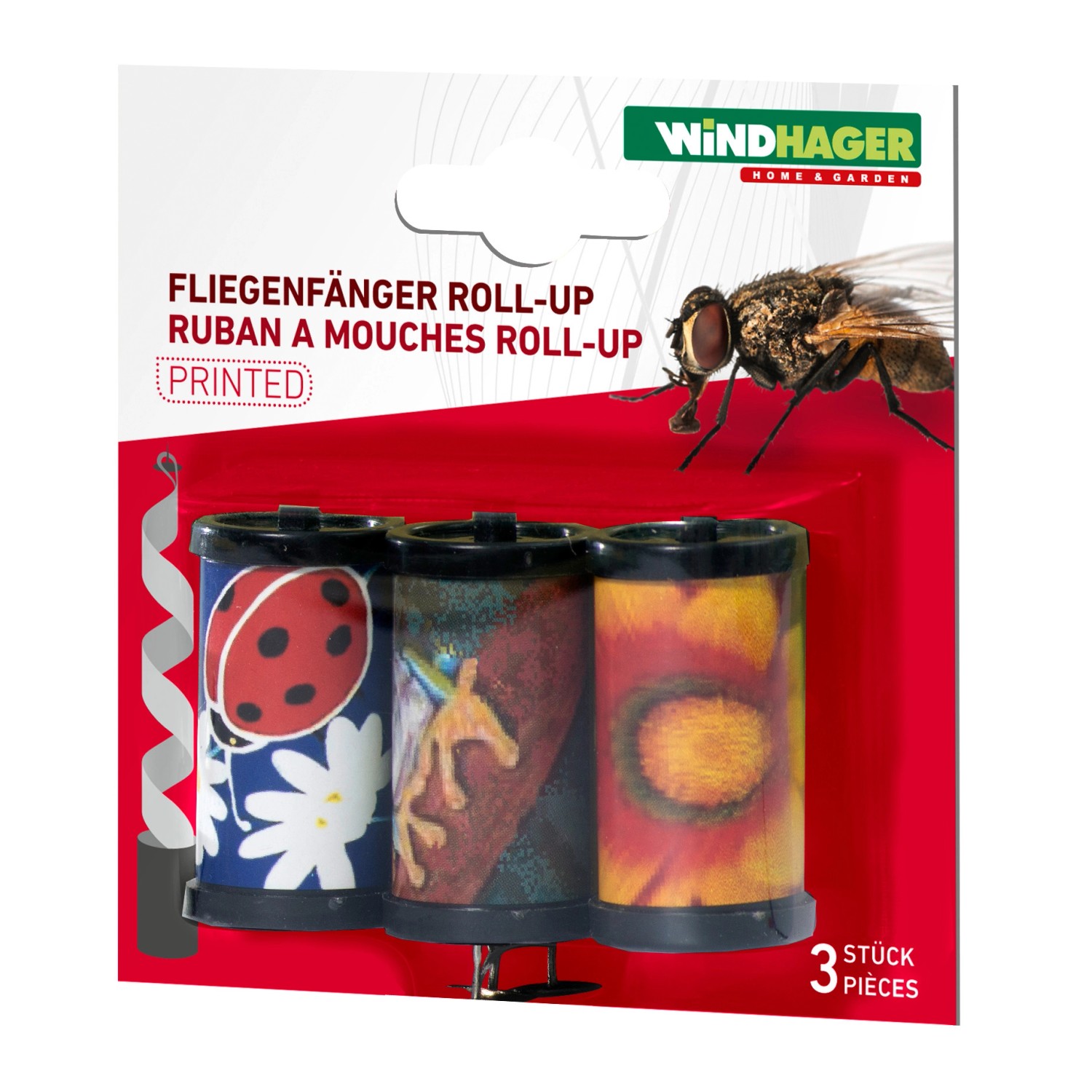 Windhager Fliegenfalle Roll-Up, 3er-Pack, mit bunten Mustern zur Insektenbekämpfung.