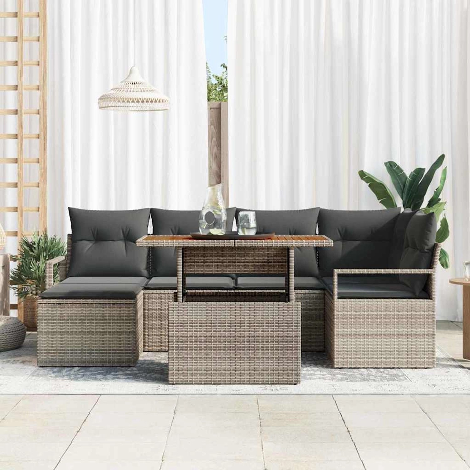 Graues 7-teiliges vidaXL Garten-Sofa-Set aus Rattan mit Stauraum und Tisch.