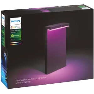Verpackung der Philips Hue Nyro Sockelleuchte in Schwarz mit farbigem Licht.