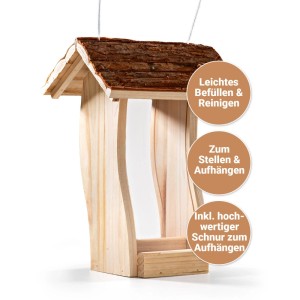 CULT at home Vogel Futterhaus aus hellem Holz mit braunem Rindendach, 30x21 cm. Zum Stellen oder Hängen, leicht befüllbar.