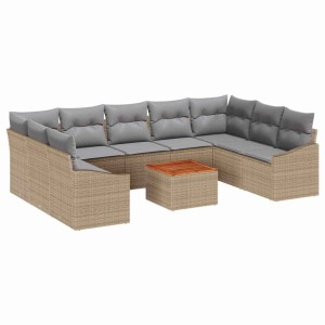 Beige-hellgraues 10-tlg. vidaXL Garten-Sofa-Set aus Rattan mit Tisch und grauen Kissen.