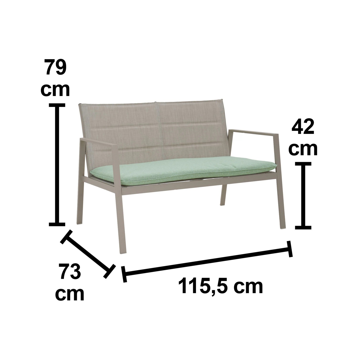 Maße des Gartenmöbel-Sets Jamapa: 2-Sitzer Sofa mit grünen Kissen, Stahlgestell hellgrau.