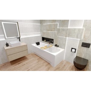 Weiße BONA Rechteck-Badewanne 150x70 aus Acryl mit Bambusablage und Nackenkissen in modernem Badambiente.