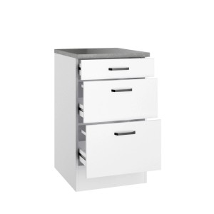 Weißer OPTIFIT Unterschrank Bonn214 mit Schubkästen und grauer Arbeitsplatte.