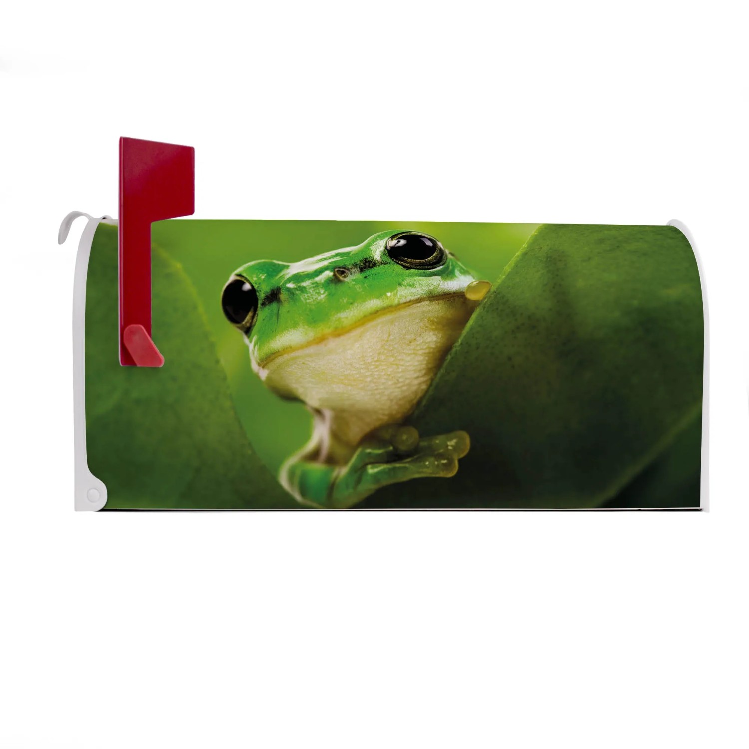 Weißer US Briefkasten mit Frosch Motiv. Stahl, pulverbeschichtet, 48x22x16cm.