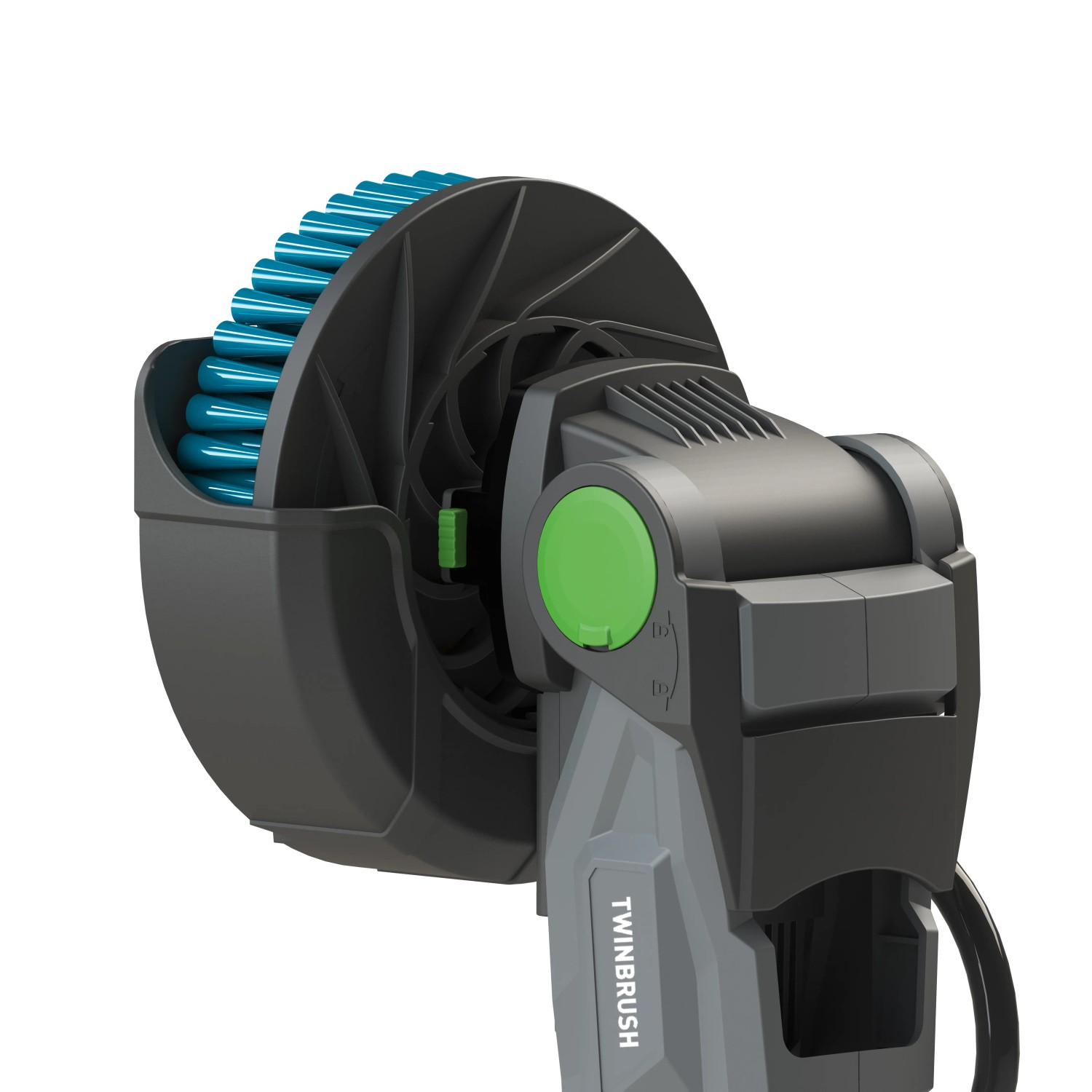 Akku-Reinigungsbürste Twin Brush mit Akku-Starterset, Bürsten in Schwarz, Blau und Rot.
