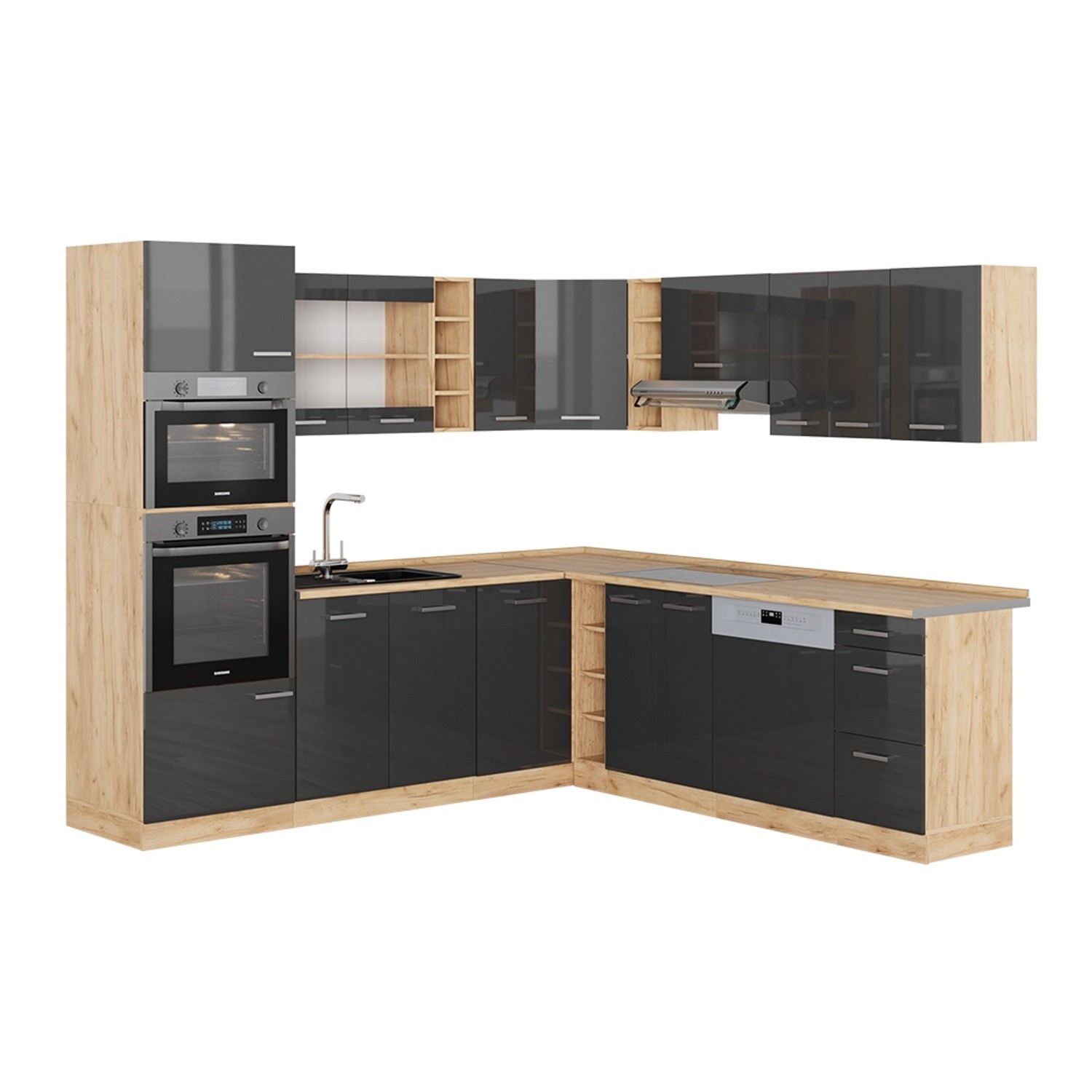 Vicco R-Line Eckküche Anthrazit Hochglanz/Goldkraft Eiche 237 x 247 cm AP E günstig online kaufen