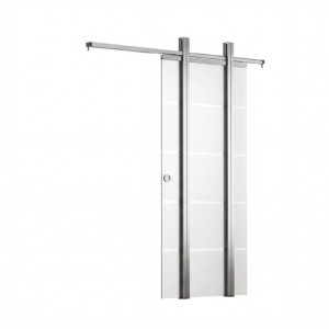 Schiebetür-Set PurePocket mit Glas-Türblatt (Satin, 4 Streifen quer, 211x98,5cm) und Zargenlos-Optik.
