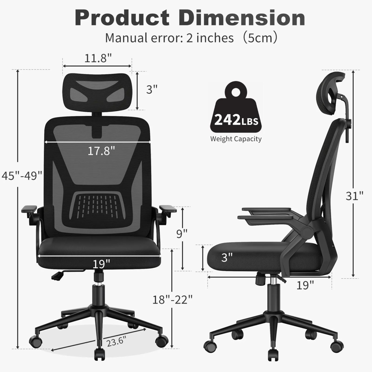 Schwarzer ergonomischer Bürostuhl mit Netzrücken, verstellbarer Kopfstütze, hochklappbaren Armlehnen, Wippfunktion und Maßen.