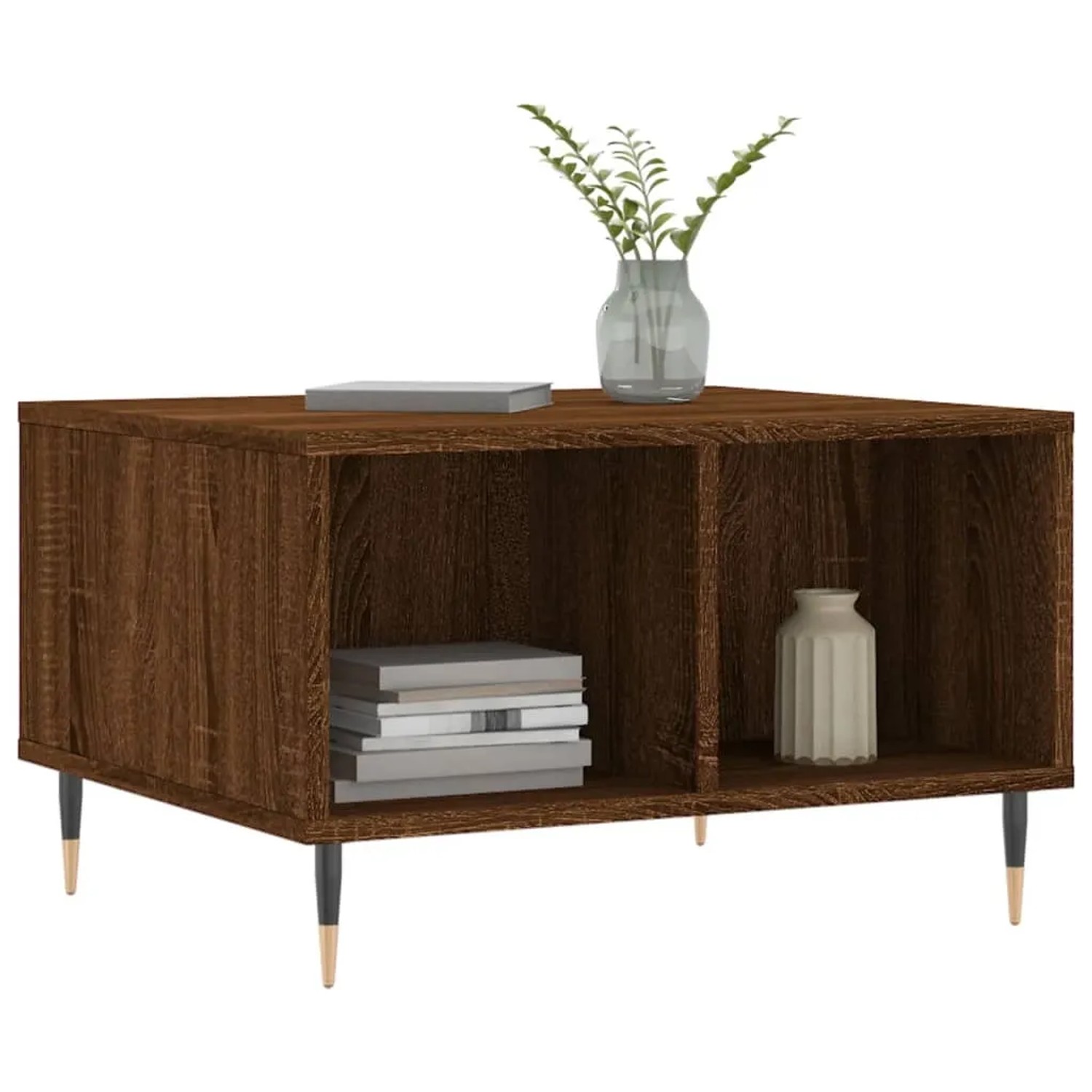 Couchtisch in Braun Eichen-Optik mit Fächern und Metallbeinen.