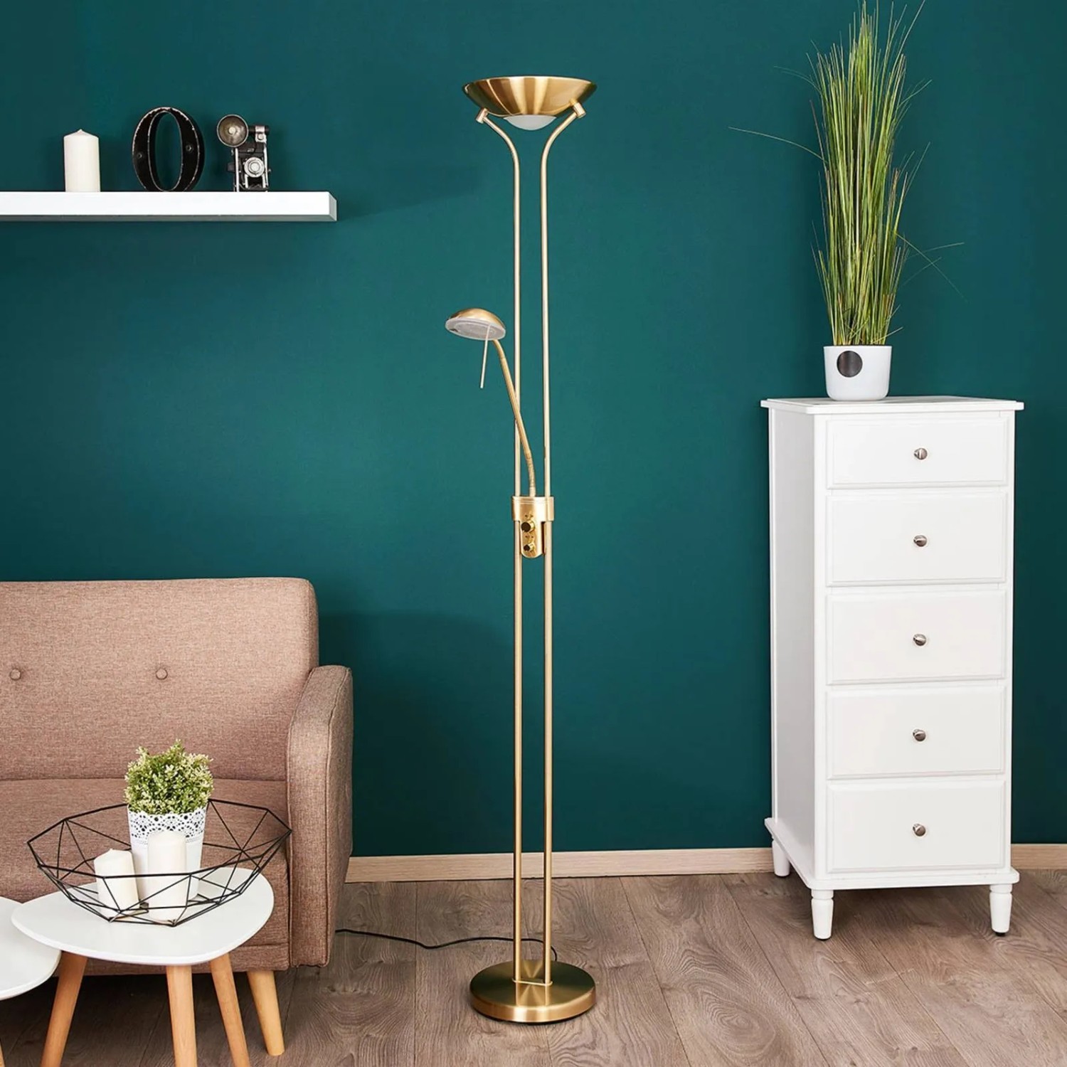 Lindby LED Stehlampe Josefin 9945234 Dimmbar Modern in Gold Messing aus Metall 2-flammig Wohnzimmerleuchte_3