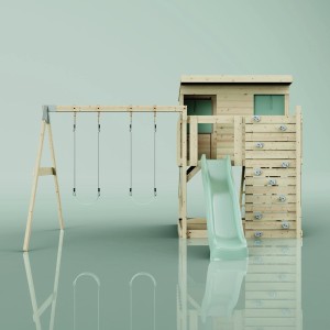 PolarPlay Spielturm Nils mit Schaukel und Rutsche, aus Holz, mintgrün.