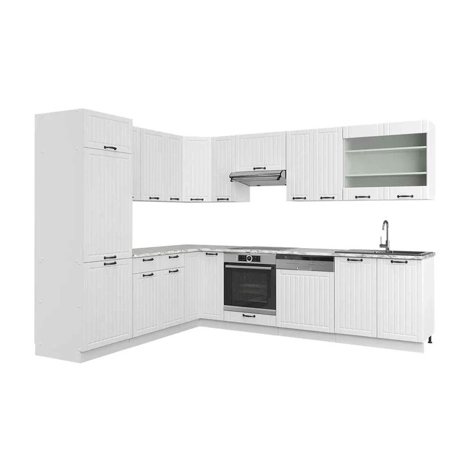 Vicco Eckküche Fame-Line Weiß Landhaus/Weiß 287 x 82, AP Marmor