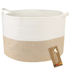 HMF XXL Wäschekorb Baumwolle Runder Aufbewahrungskorb Griffen 55 x 35 cm Weiß-Braun