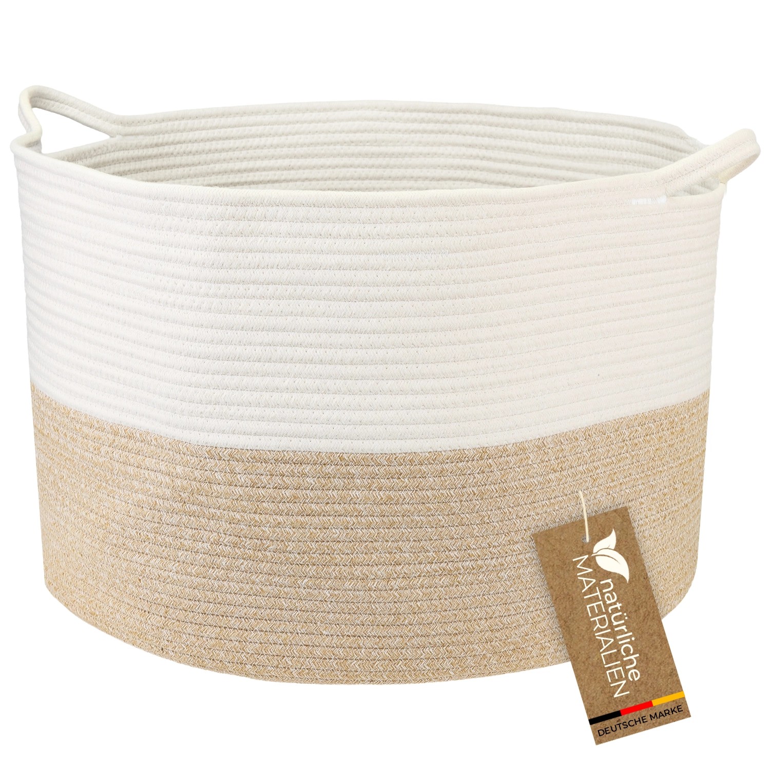 HMF XXL Wäschekorb Baumwolle Runder Aufbewahrungskorb Griffen 55 x 35 cm Weiß-Braun