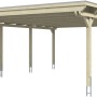 Weißer Skan Holz Doppelcarport Emsland mit flachem Dach und acht Pfosten.