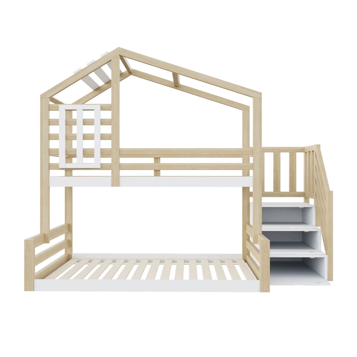 okwish Etagenbett 90x200cm mit Fenster Hausleiste und Stautreppe Natur ohne Matratze