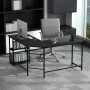 Schwarzer Costway L-Form Gaming Schreibtisch mit Ablagen und Metallrahmen.